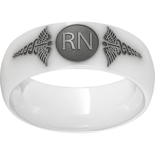 White Diamond Ceramic Domed Band with Laser Engraving of Caduceus & Registered Nurse Initials