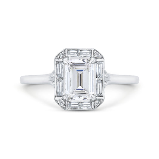 Shah Luxury Emerald Cut Diamond Engagement Ring with Round Shank In 18K White Gold (Semi-Mount)