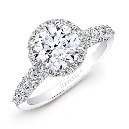 18k White Gold Elongated Shank Diamond Halo Engagement Ring