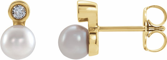 14K Yellow Akoya Cultured Pearl & .03 CTW Diamond Bezel-Set Earrings