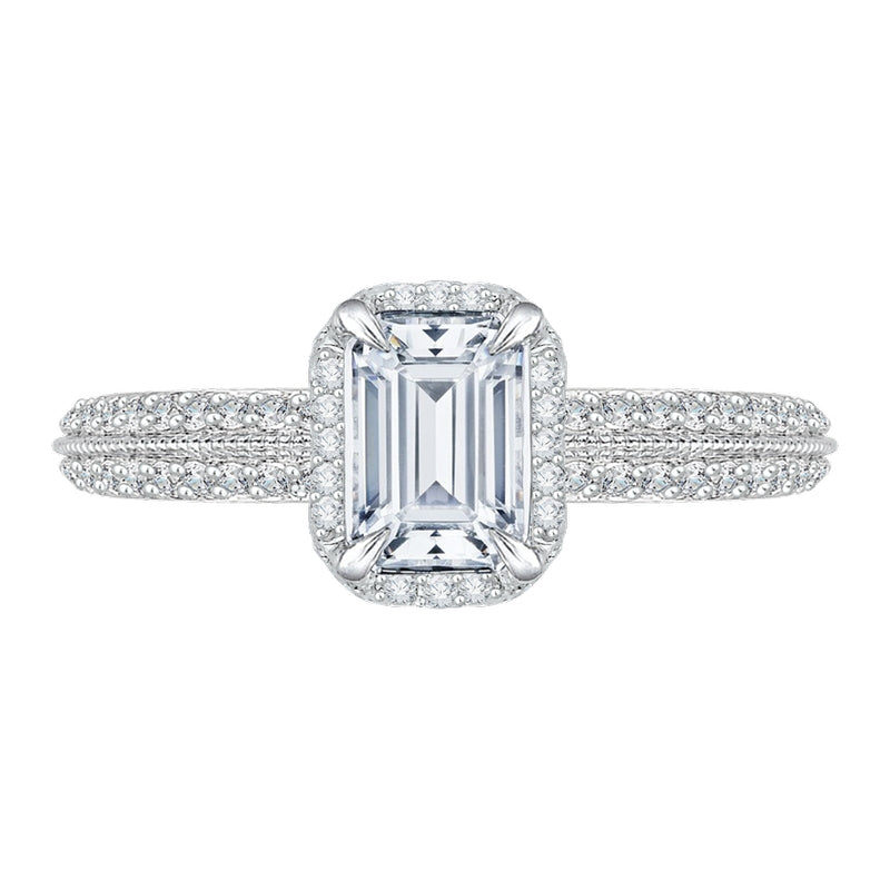 Shah Luxury 14K White Gold Emerald Cut Diamond Halo Engagement Ring (Semi-Mount)