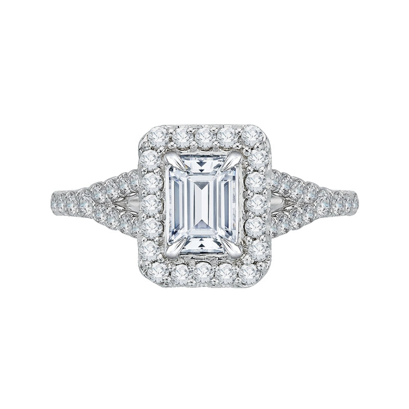 Shah Luxury 14K White Gold Emerald Cut Diamond Halo Engagement Ring with Split Shank (Semi-Mount)