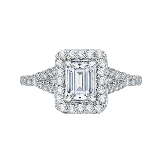 Shah Luxury 14K White Gold Emerald Cut Diamond Halo Engagement Ring with Split Shank (Semi-Mount)