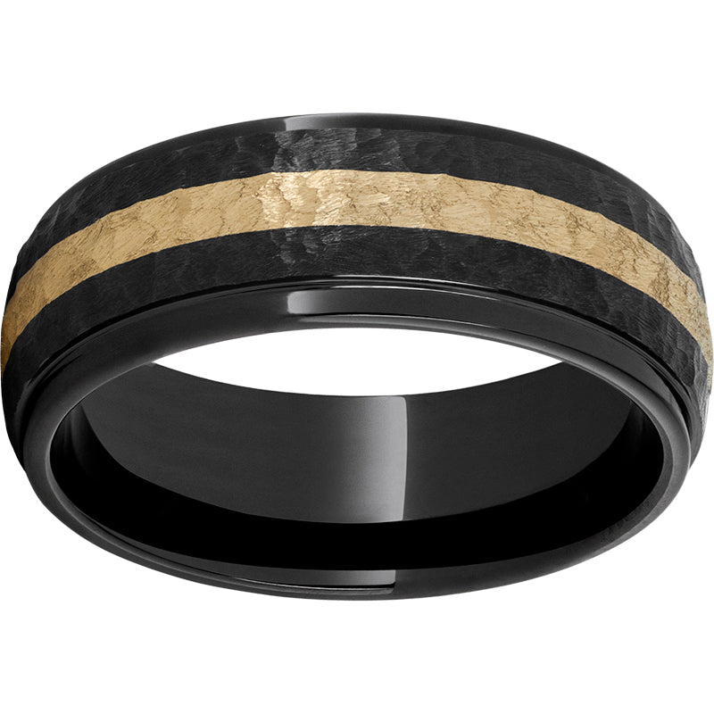 Black Diamond Ceramic Domed Grooved Edge Band with a 2mm 14K Yellow Gold Inlay and Moon Finish