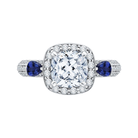 Shah Luxury 14K White Gold Cushion Cut Diamond Halo Engagement Ring with Sapphire (Semi-Mount)