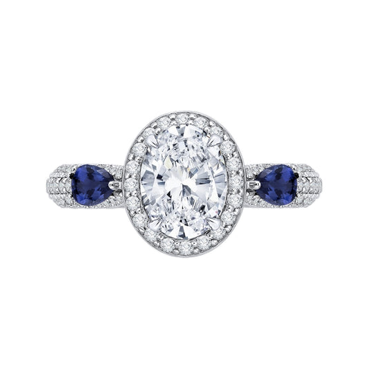 Shah Luxury 14K White Gold Oval Diamond Halo Engagement Ring with Sapphire (Semi-Mount)
