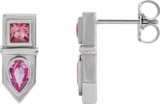 14K White Pink Multi-Gemstone Geometric Bar Drop Earrings