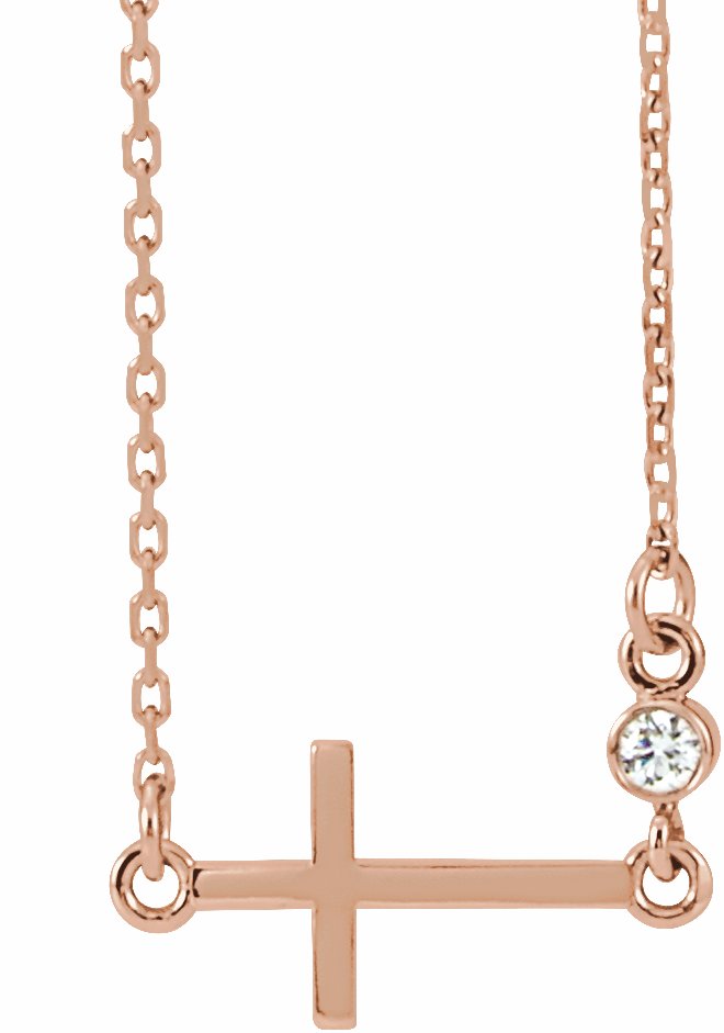 14K Rose .03 CTW Diamond Sideways Cross 16-18 Necklace