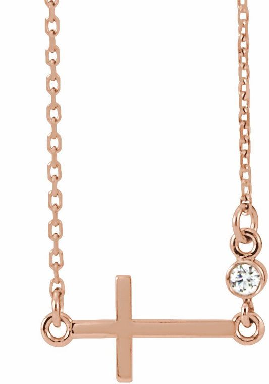 14K Rose .03 CTW Diamond Sideways Cross 16-18 Necklace