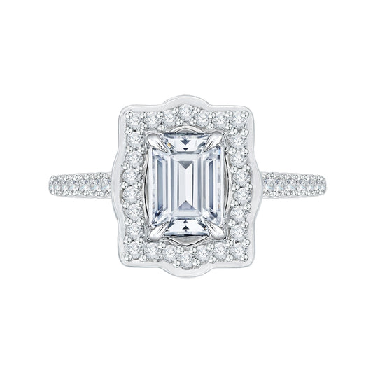 Shah Luxury 14K White Gold Emerald Cut Diamond Halo Vintage Engagement Ring with Euro Shank (Semi-Mount)