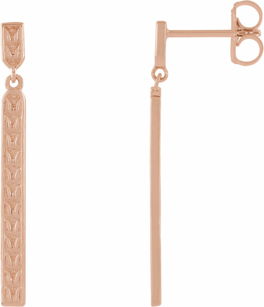 14K Rose 29x2.4 mm Sculptural Bar Earrings