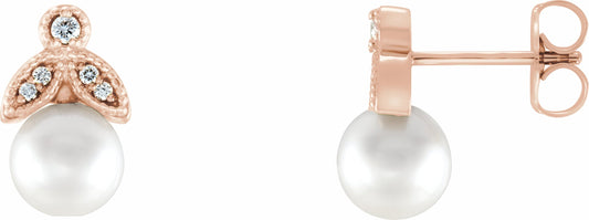14K Rose Freshwater Pearl & .06 CTW Diamond Earrings