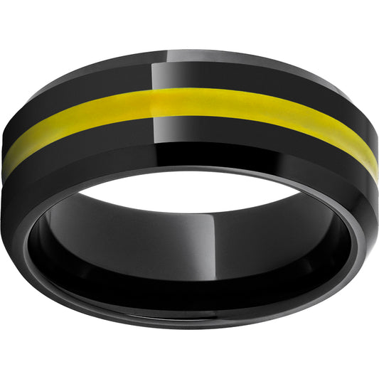 Black Diamond Ceramic Beveled Edge Band with a 2mm Yellow Enamel Inlay