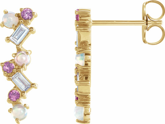 14K Yellow Ethiopian Opal, Pink Sapphire & 1/10 CTW Diamond Scattered Bar Earrings