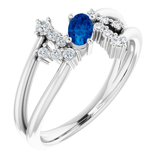 14K White Blue Sapphire & 1/8 CTW Diamond Bypass Ring