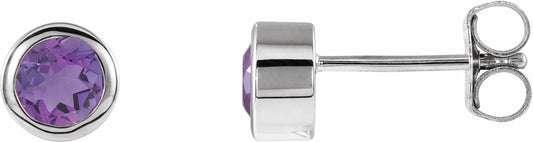 14K White 4 mm Round Genuine Amethyst Birthstone Earrings