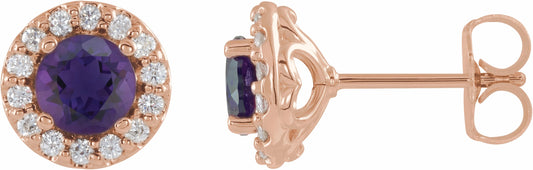 14K Rose 4 mm Round Amethyst & 1/8 Diamond Earrings