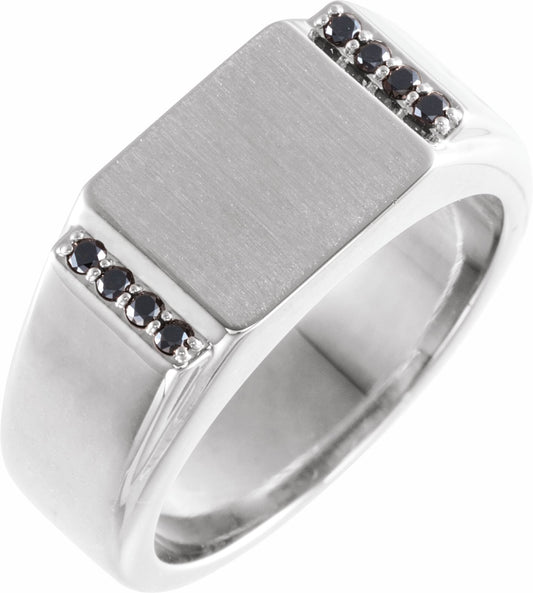 14K White 1/10 CTW Black Diamond 11.5x10 mm Rectangle Signet Ring