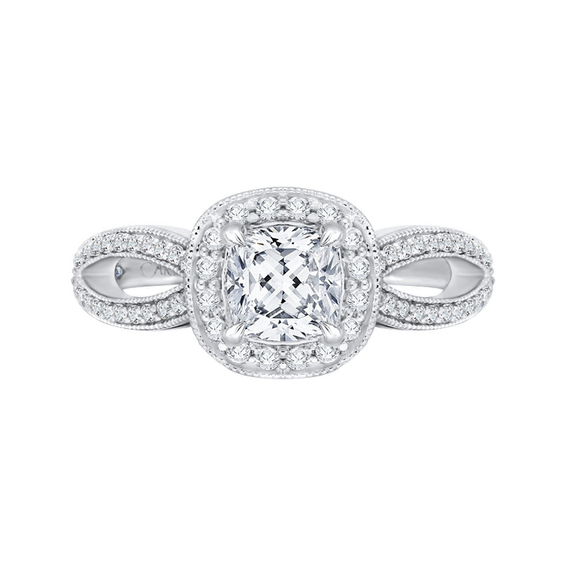 Shah Luxury 14K White Gold Cushion Diamond Halo Engagement Ring with Split Shank (Semi-Mount)