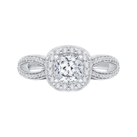 Shah Luxury 14K White Gold Cushion Diamond Halo Engagement Ring with Split Shank (Semi-Mount)