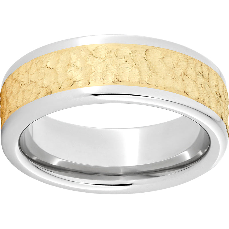 Serinium Pipe Cut Band with a 5mm 14K Yellow Gold Inlay and Hammered Finish
