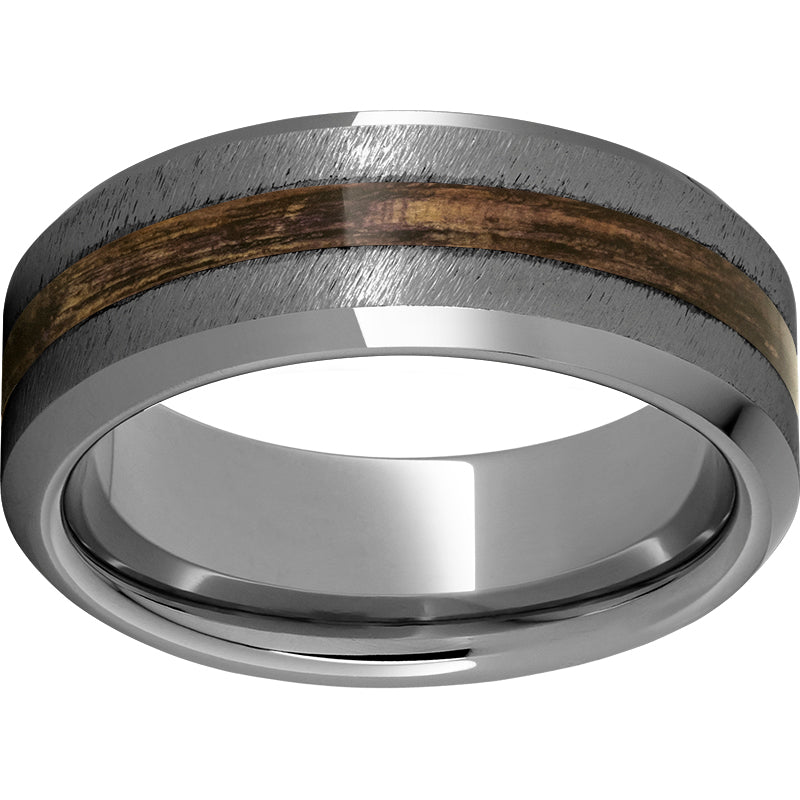 Rugged Tungsten  8mm Beveled Edge Band with Bourbon Barrel Aged Inlay and Grain Finish