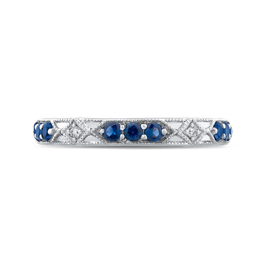 Shah Luxury 14K White Gold Round Diamond and Sapphire Wedding Band