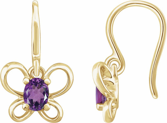 14K Yellow 4x3 mm Oval February Youth Butterfly Birthstone Earrings