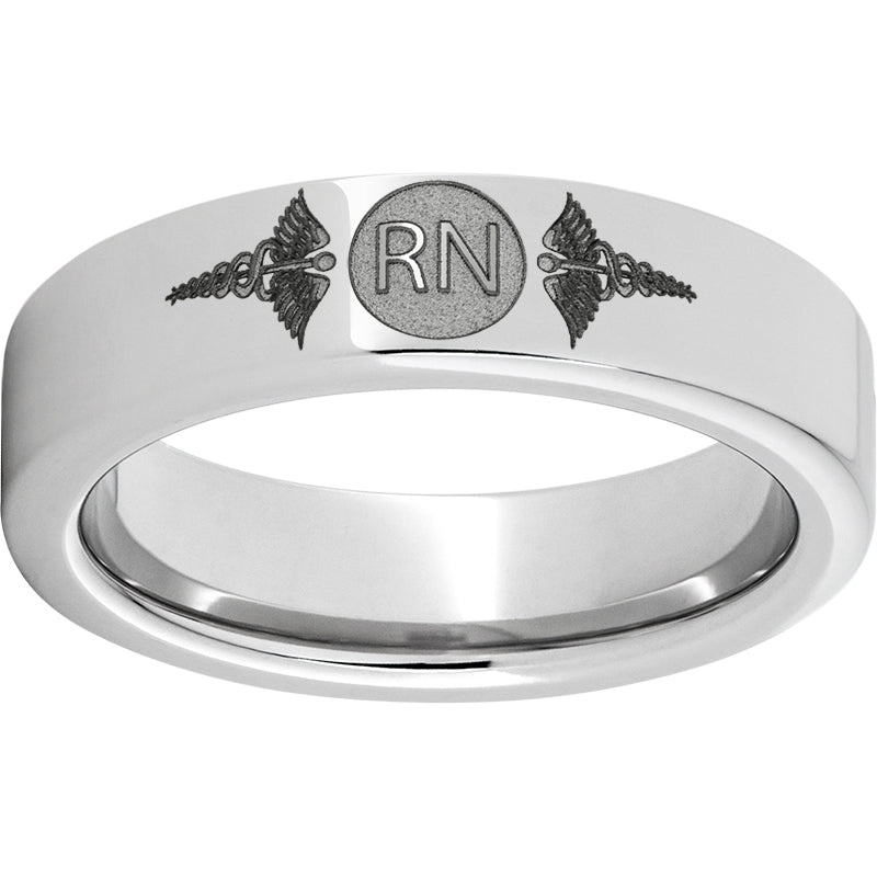 Serinium Pipe Cut Band with Laser Engraving of Caduceus & Registered Nurse Initials