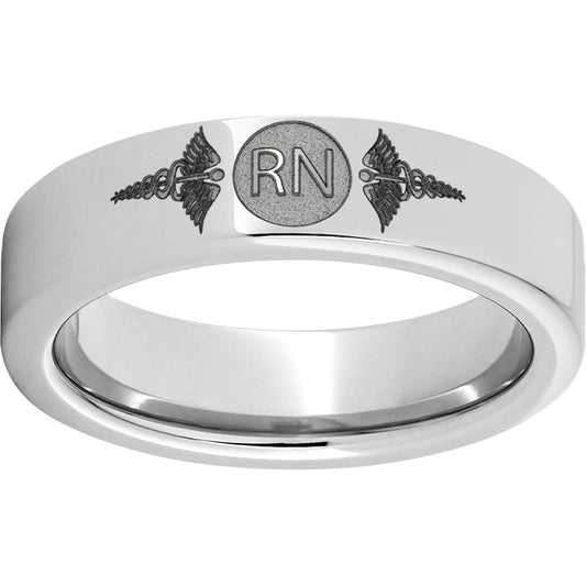 Serinium Pipe Cut Band with Laser Engraving of Caduceus & Registered Nurse Initials