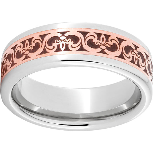 Serinium Pipe Cut Band with a 5mm 14K Rose Gold Inlay and Fleur de LisLaser Engraving