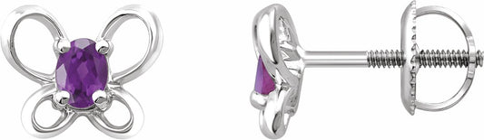 14K White 4x3 mm Oval February Youth Butterfly Birthstone Earrings