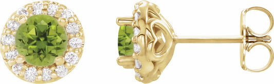14K Yellow 4 mm Round Peridot & 1/8 Diamond Earrings