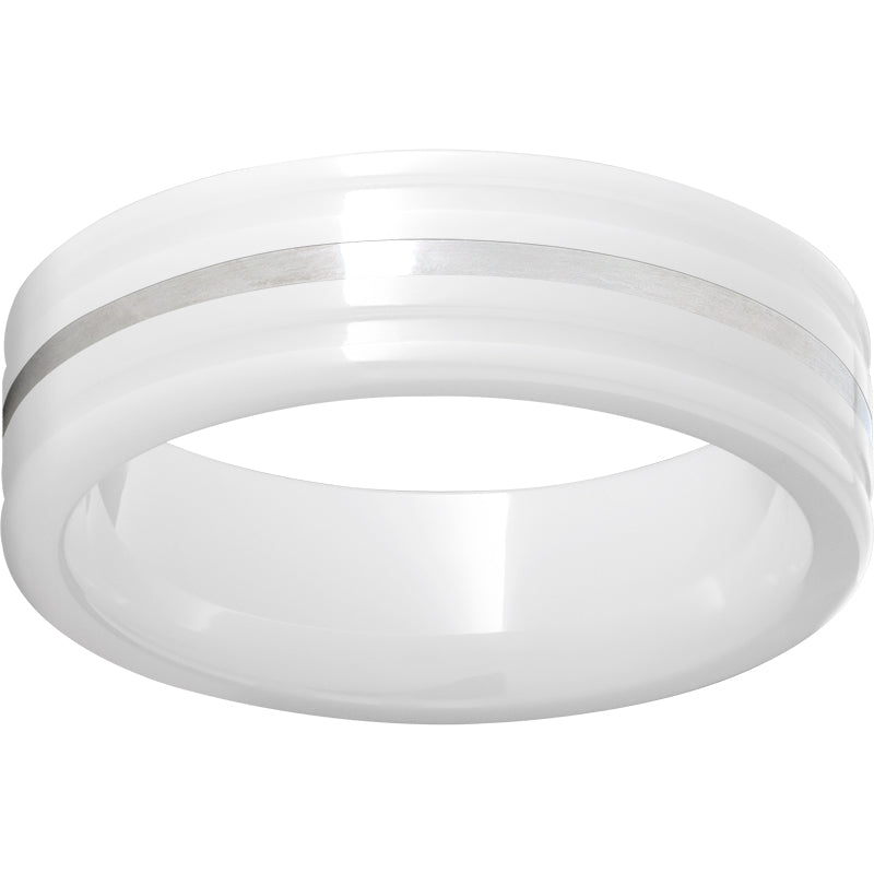White Diamond CeramicFlat Ring with Rounded Edges and a 1mm Sterling Silver Inlay