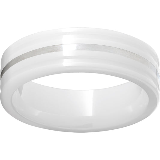White Diamond CeramicFlat Ring with Rounded Edges and a 1mm Sterling Silver Inlay
