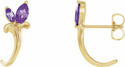 14K Yellow Amethyst Floral-Inspired J-Hoop Earrings
