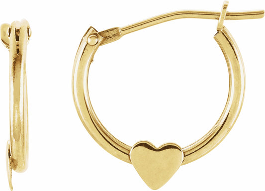 14K Yellow Hinged Hoop Earrings with Heart