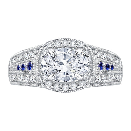 Shah Luxury 14K White Gold Oval Diamond and Sapphire Halo Engagement Ring (Semi-Mount)