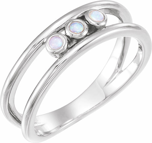 14K White Opal Three-Stone Bezel-Set Ring