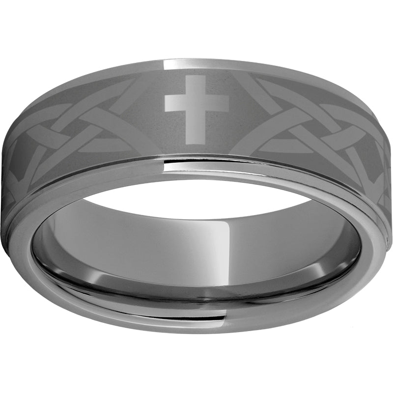 Rugged Tungsten  8mm Flat Grooved Edge Band with Cross Knot Laser Engraving