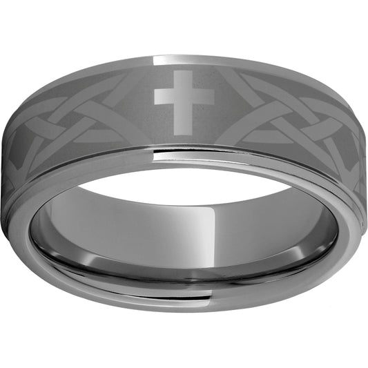Rugged Tungsten  8mm Flat Grooved Edge Band with Cross Knot Laser Engraving