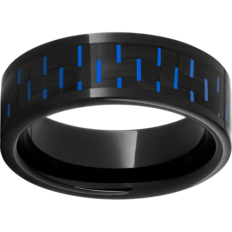 Black Diamond Ceramic Pipe Cut Band with Black and Blue Carbon Fiber Inlay