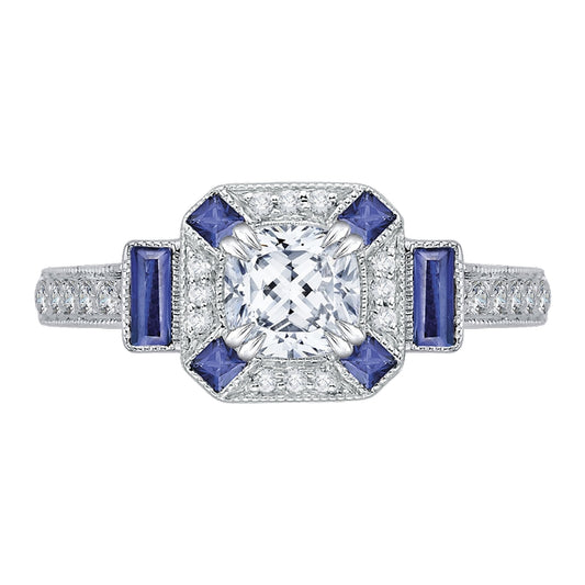 Shah Luxury 14K White Gold Cushion Cut Diamond Halo Engagement Ring with Sapphire (Semi-Mount)