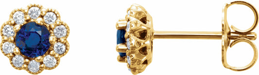 14K Yellow 3.2 mm Round Blue Sapphire & 1/6 CTW Diamond Earrings