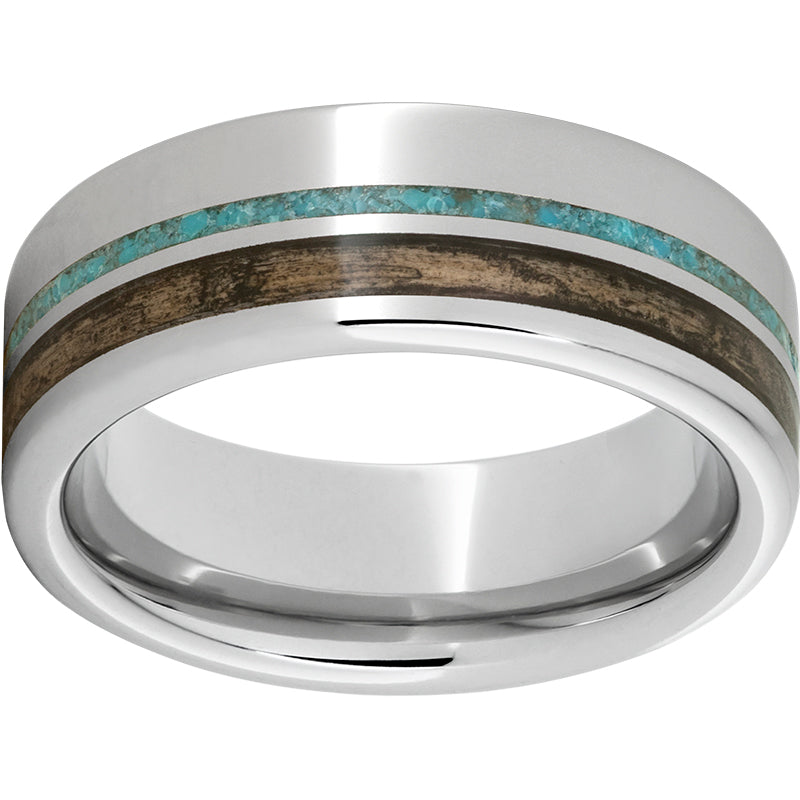 Serinium Pipe Cut Band with Off-Center Bourbon Barrel Aged Inlay & Turquoise Inlay