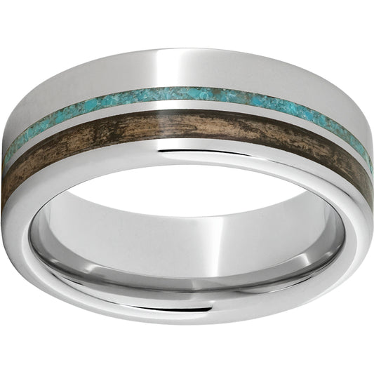 Serinium Pipe Cut Band with Off-Center Bourbon Barrel Aged Inlay & Turquoise Inlay