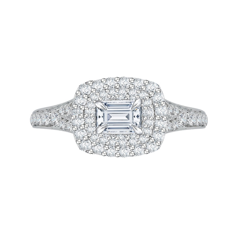 Shah Luxury 14K White Gold Emerald Cut Diamond Halo Engagement Ring with Split Shank (Semi-Mount)