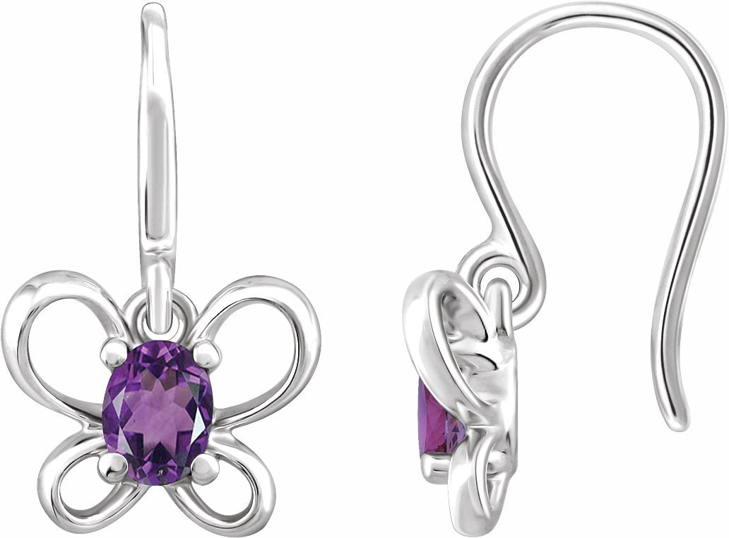 14K White 4x3 mm Oval February Youth Butterfly Birthstone Earrings