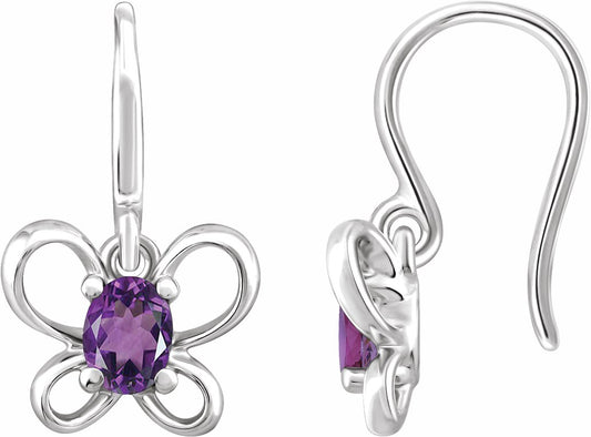 14K White 4x3 mm Oval February Youth Butterfly Birthstone Earrings