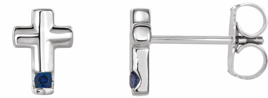 14K White Blue Sapphire Cross Earrings